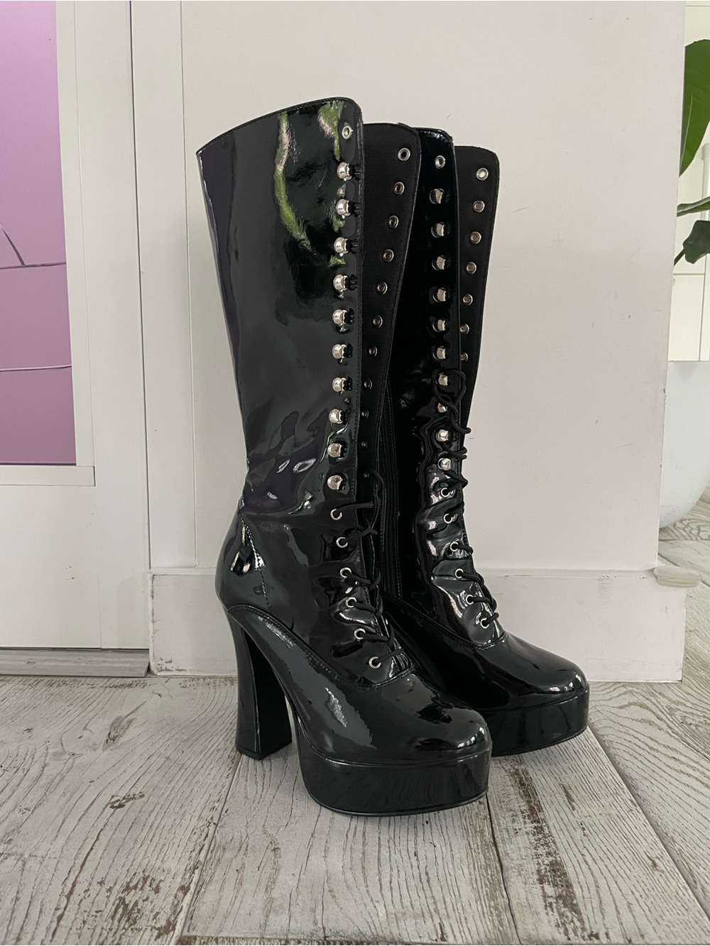 Pleasure, Black Patent Lace-Up Platform Knee-High Boots, Size 8